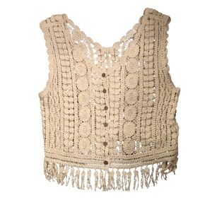 Ivory Crochet Top with Button-Up Front & Crochet Fringe Details Size M